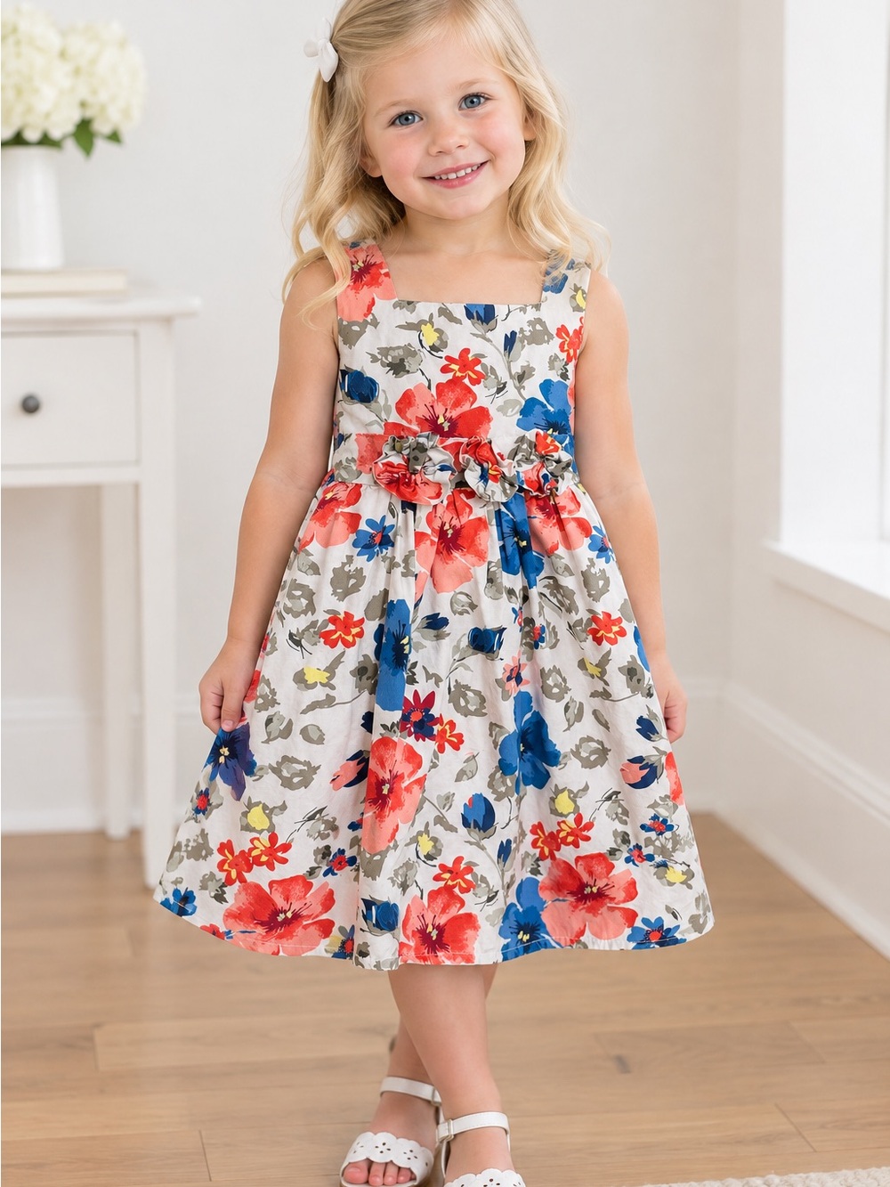 The Children's Place White Floral Dress with Coral & Blue Blooms